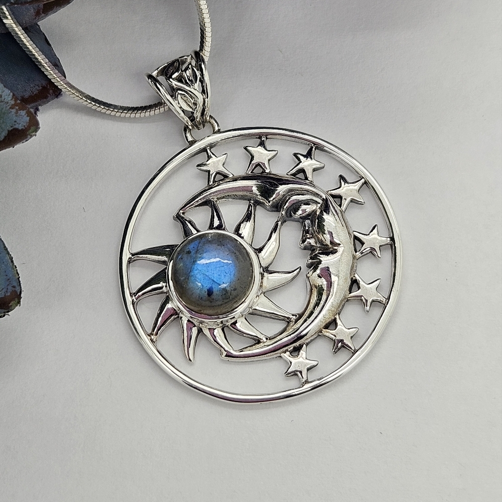 Moon Sun and Stars Labradorite Pendant